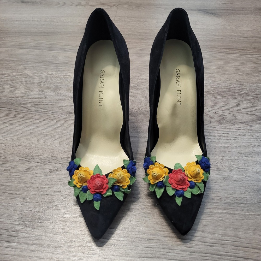 Sarah Flint Perfect Pump 100 Black Suede Floral Applique Heels Women US 8.5 38.5 - Picture 2 of 10